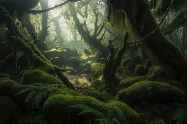 Magical forest with moss trees and the sounds of nature