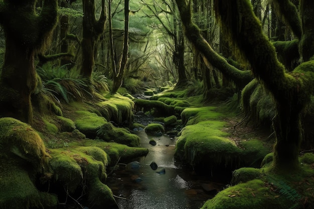 Magical forest with mosscovered trees and babbling brook