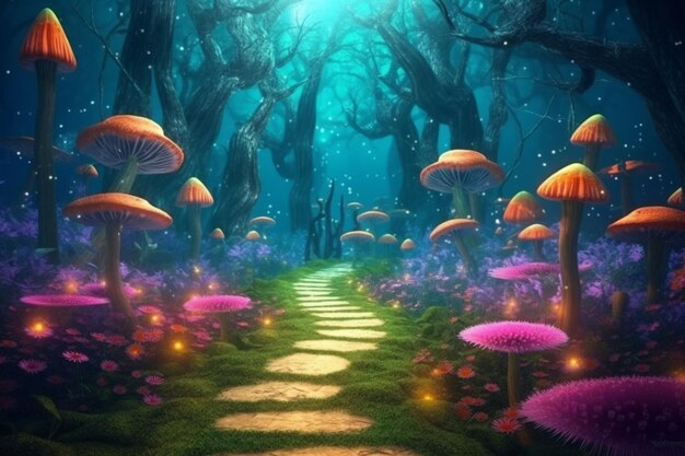 A magical forest with mushrooms and a path