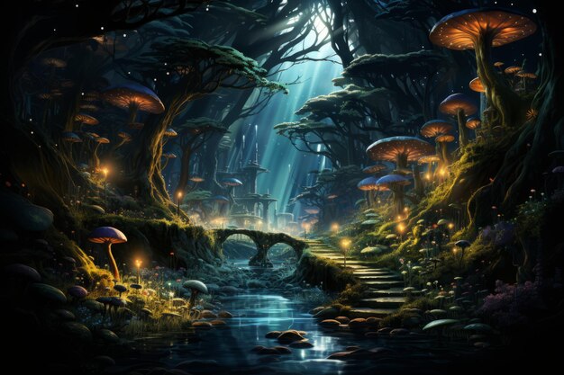 Magical forest with toadstools concept art illustration High quality photo