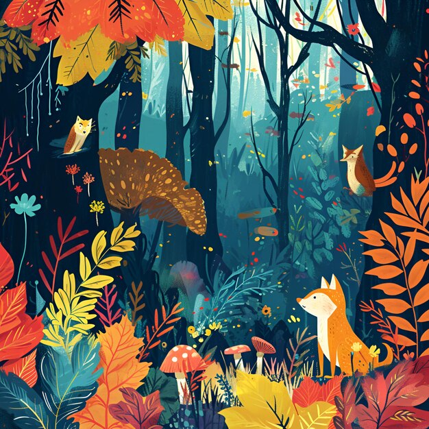 Photo magical forest with whimsical creatures and vibrant flora