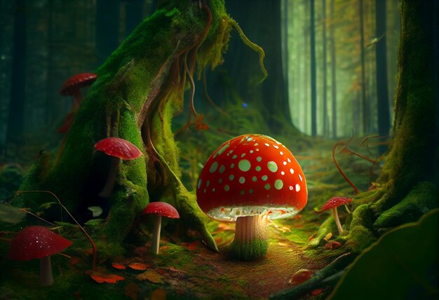 Magical fungi fly agaric in the forest a magnificent woodland thicket Generative AI