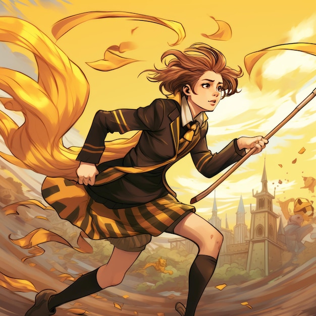 Photo the magical fusion mangastyle teenager takes on quidditch in hufflepuff colors at hogwarts