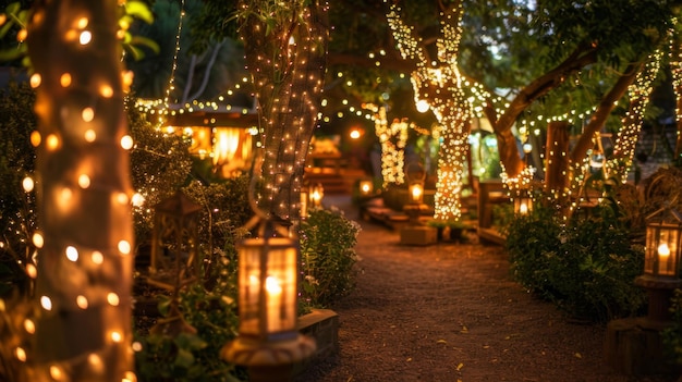 A magical garden adorned with shimmering string lights and glowing lanterns creating a whimsical and enchanting atmosphere for evening gatherings and events