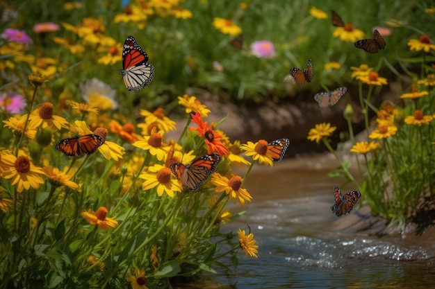 Magical garden Dancing flowers butterflies and serene stream generative IA
