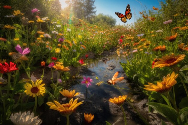 마법의 정원, 춤추는 꽃, 나비, 평화로운 하천, 생성적 인 IA