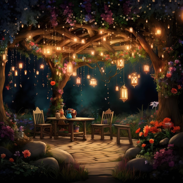 Волшебная партийная сцена в саду Причудливые огни Очаровательные цветы