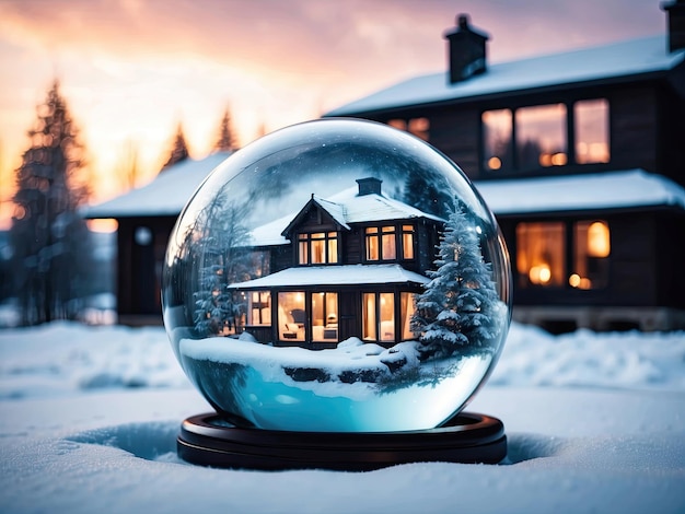 Foto sfera di vetro magica con una piccola casa moderna all'interno vicino a una grande casa accogliente con luci nelle finestre