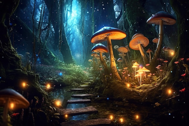Magical glowing mushrooms in a fabulous forest thicket Generative AI illustration