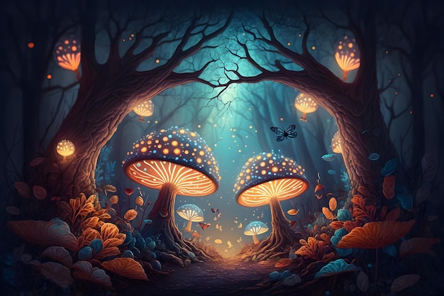 Photo magical glowing mushrooms in the night forest fairytale background generated ai