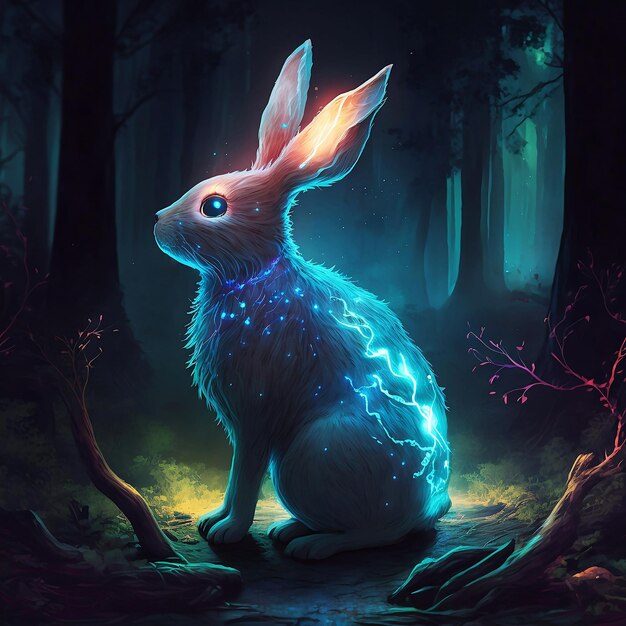 Photo a magical glowing spirit rabbit sitting in an enchanted forest