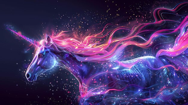 Magical Glowing Unicorn Rain With Colorful Mane and Pink Pur Glowing Y2K Collage Neon Background