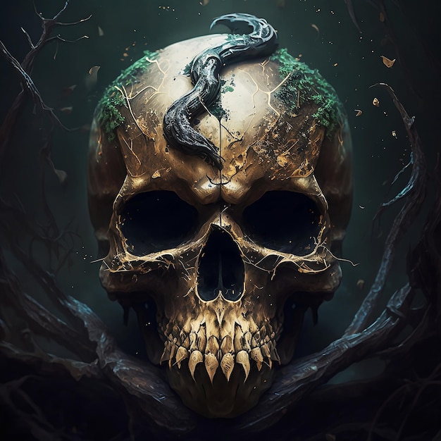 a magical golden skull in a dark forest