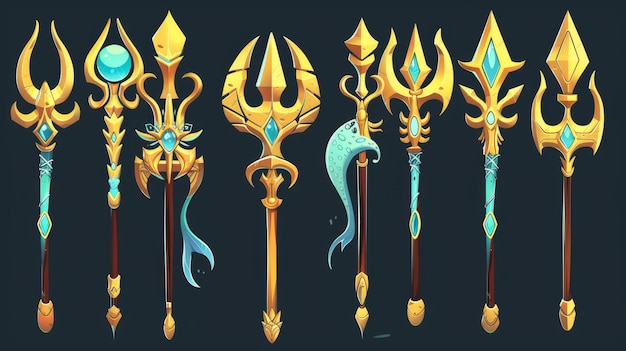 Photo the magical golden trident of poseidon or neptune for game ui level rank design cartoon modern illustration set of fantasy metallic spear with pitchfork in various stages of decoration