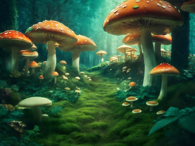 Magical green fairytale forest with mushrooms as a dreamy background illustration