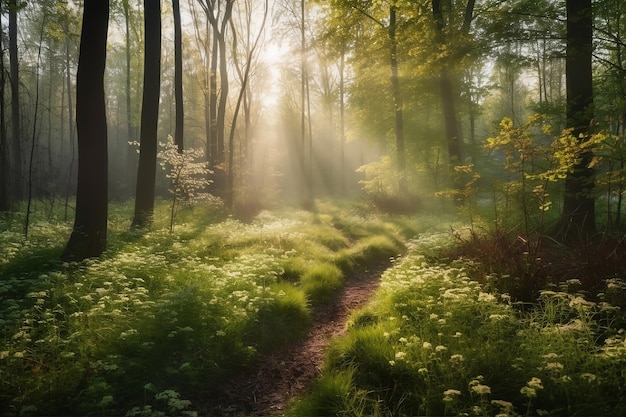 Magical green forest in soft morning sunlight