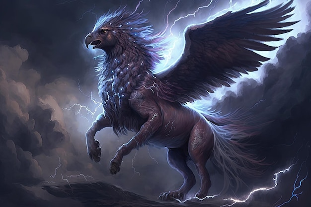 Magical griffin flying through stormy sky lightning flashing in the background