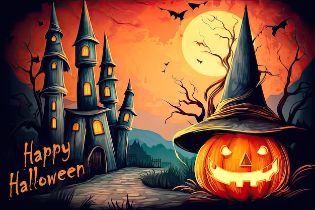 Magical Halloween Ambiance Glowing Pumpkin and Mysterious Scene Generative AI