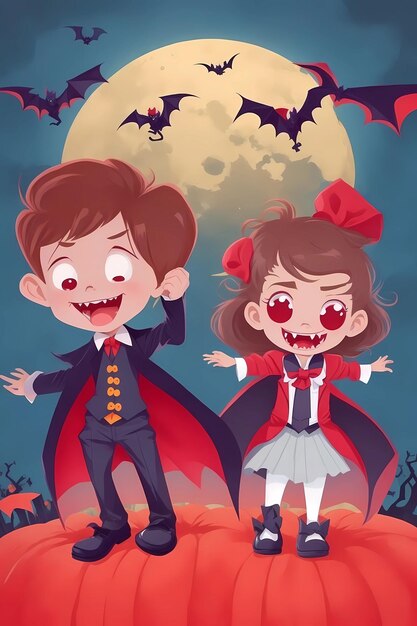 A Magical Halloween Night with Kids Dracula and Pumpkin Ghosts