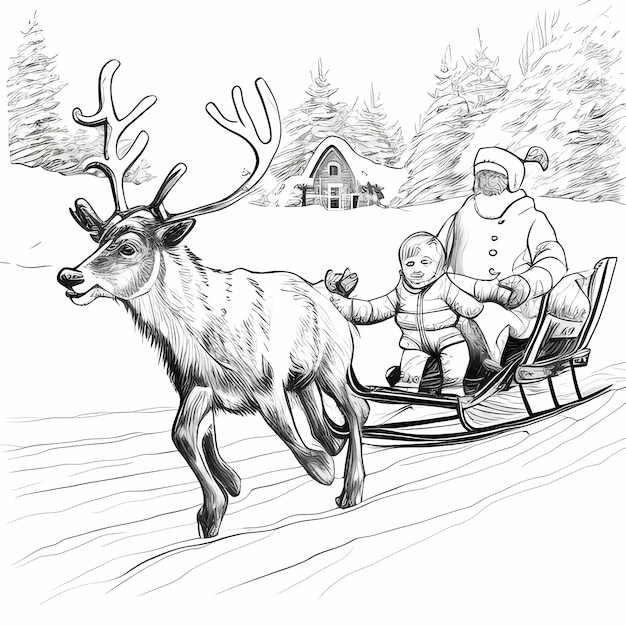 Magical Holiday Adventure Coloring Page Santa Claus Young Boy Sleigh and Reindeer Sketch