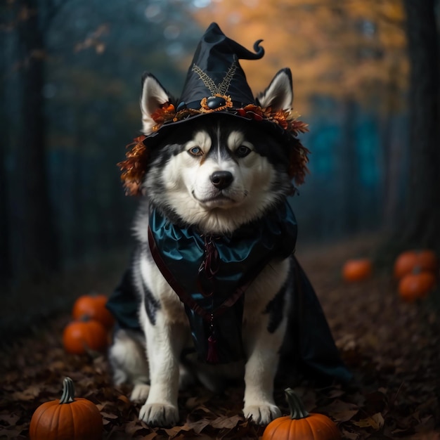 Magical Husky Moments Adorable Siberian Dog in Halloween Costume Amidst Pumpkins and Ornaments