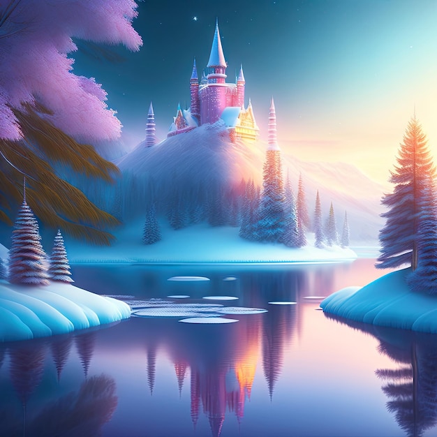 Magical ice castle by the frozen lake Morning light Snowy landscape in fairyland Digital art