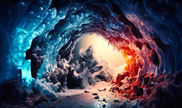 반짝이는 얼음 결정과 얼어붙은 풍경이 있는 마법 같은 얼음 터널
