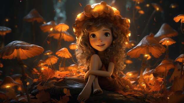 A magical illustration of an autumn fairy perched on a mushroom