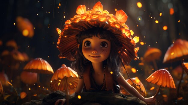 A magical illustration of an autumn fairy perched on a mushroom