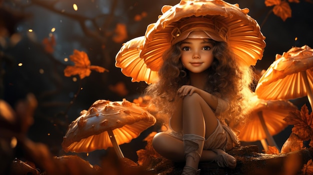 A magical illustration of an autumn fairy perched on a mushroom