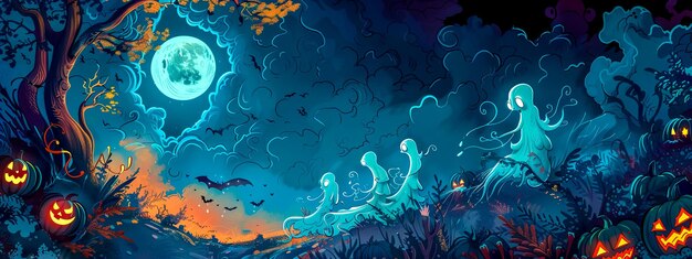 Magical illustration of a spooky halloween scene with whimsical ghosts and jackolanterns under a