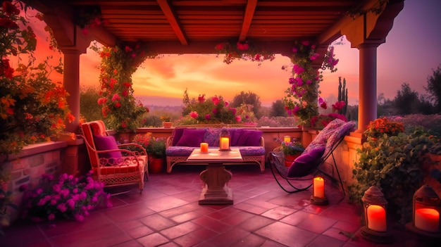 A magical image of a sophisticated patio area bathed in the warm glow of a breathtaking summer sunset