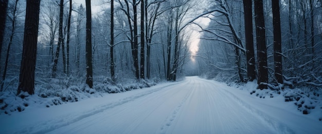 静かな森の魔法の雪に覆われた道に沿って 魔法の旅が展開されます