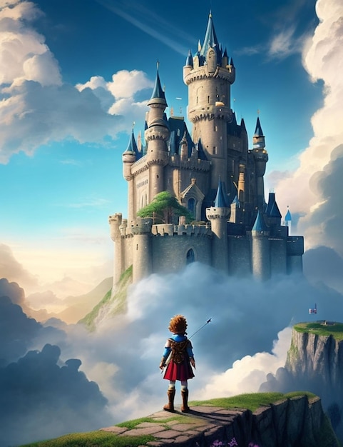 A magical kingdom of castles and clouds where a brave young hero embarks on a daring adventure