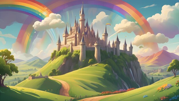 Magical kingdom with a grand castle and rainbow