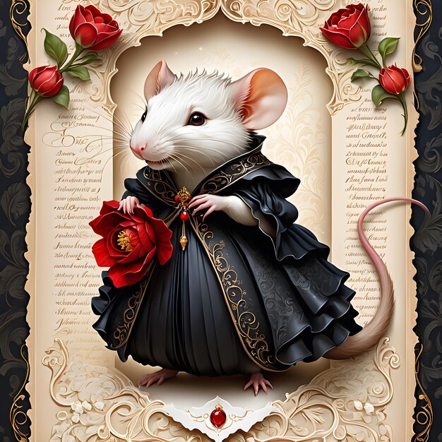 In the magical land of Ratopia there lived a cute rat who was known for her exquisite dark gown tha