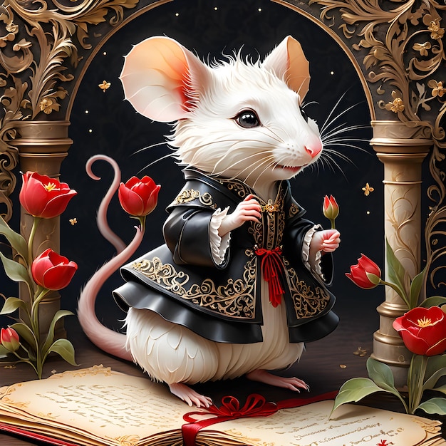 In the magical land of Ratopia there lived a cute rat who was known for her exquisite dark gown tha