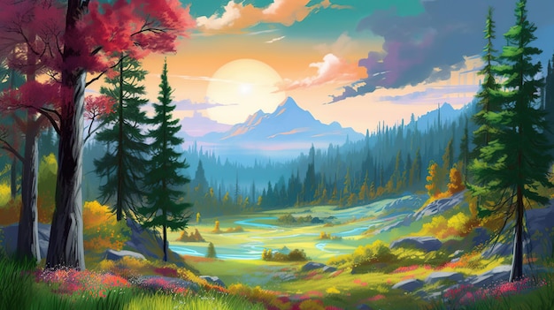 Magical landscape of mountains with forest and river in bright colors