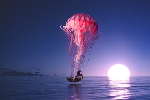 Magical landscape with boat and jellyfish