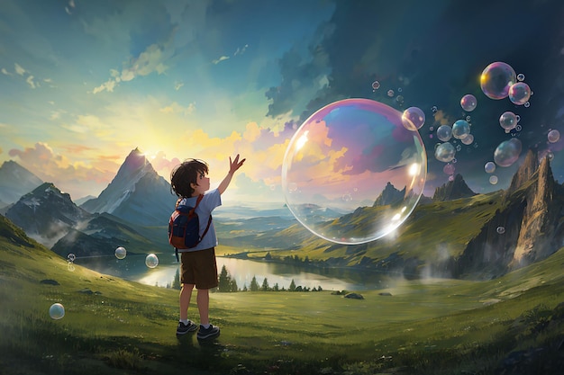 バブルを抱えた子供の魔法の風景