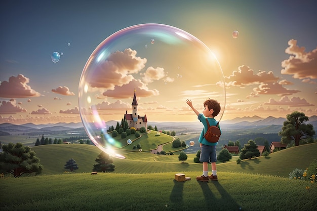 写真 バブルを抱えた子供の魔法の風景