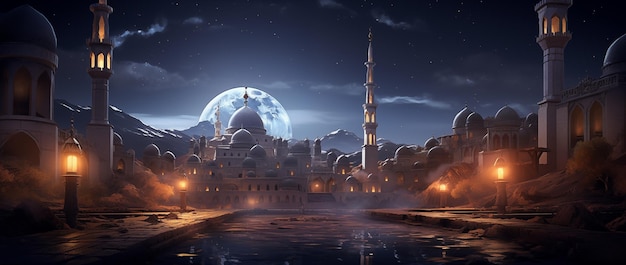 magical landscape with a mosque at dusk on the background of the sky with the moon