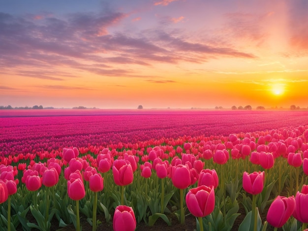 オランダのチューリップ畑に日の出がかかる幻想的な風景