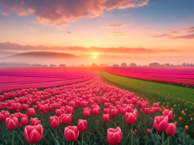 A magical landscape with sunrise over tulip field in the Netherl