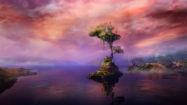 magical landscape with a tree on a mountain lake island d render