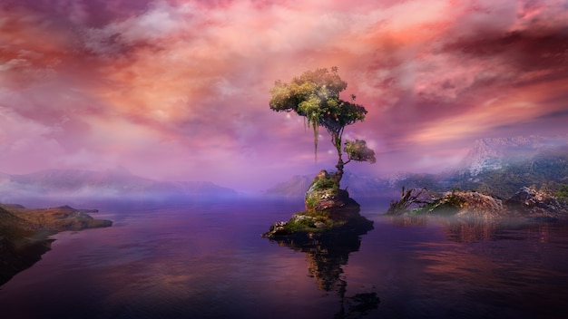 Magical landscape with a tree on a mountain lake island d render