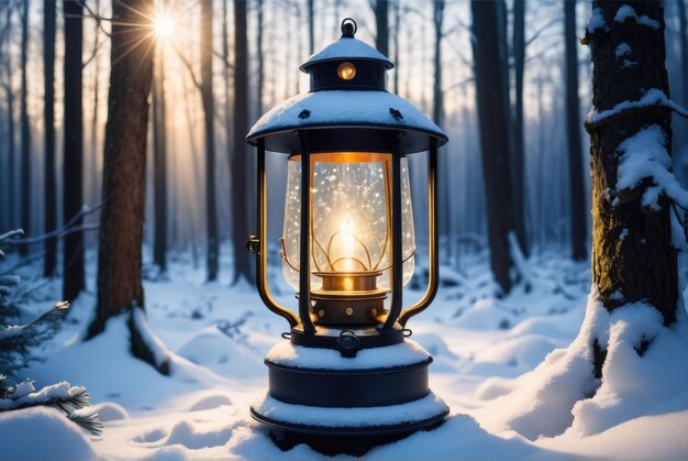 A magical lantern in a snowy forest emanating enchanting light