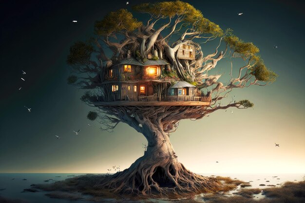 Magical levitating tree house in your imagination