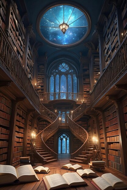 Волшебная библиотека, наполненная плавающими книгами и волшебными рукописями.