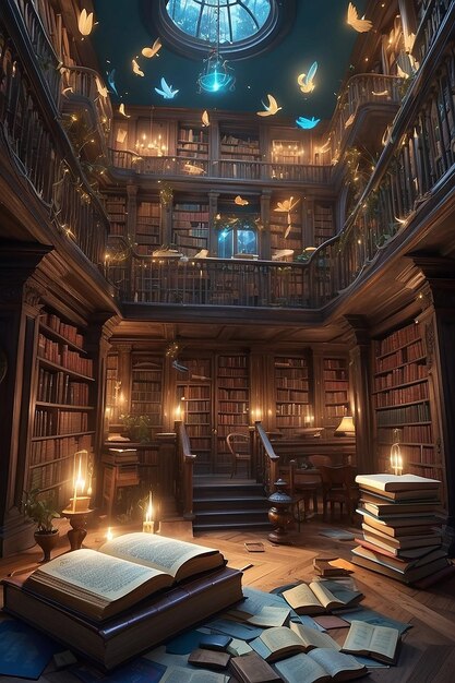 A magical library filled with floating books and enchanted manuscripts